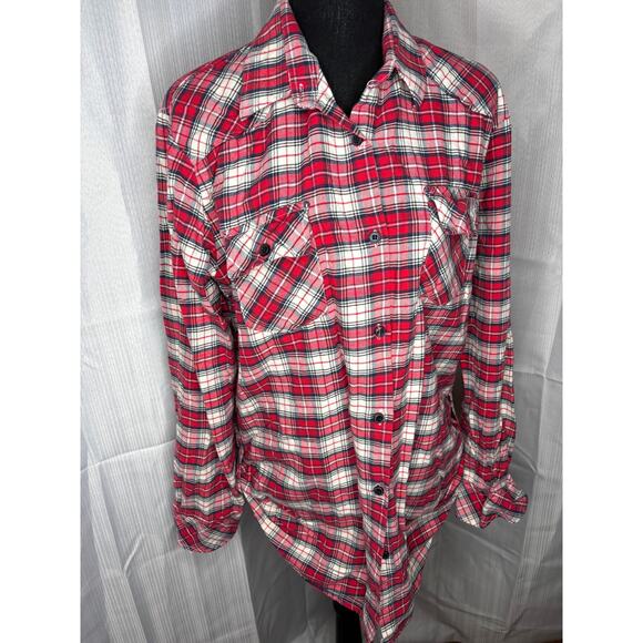 Matchstick Flannel Shirt Women’s L Plaid Red White 100% Cotton Classic Roll Tabs - Picture 1 of 16